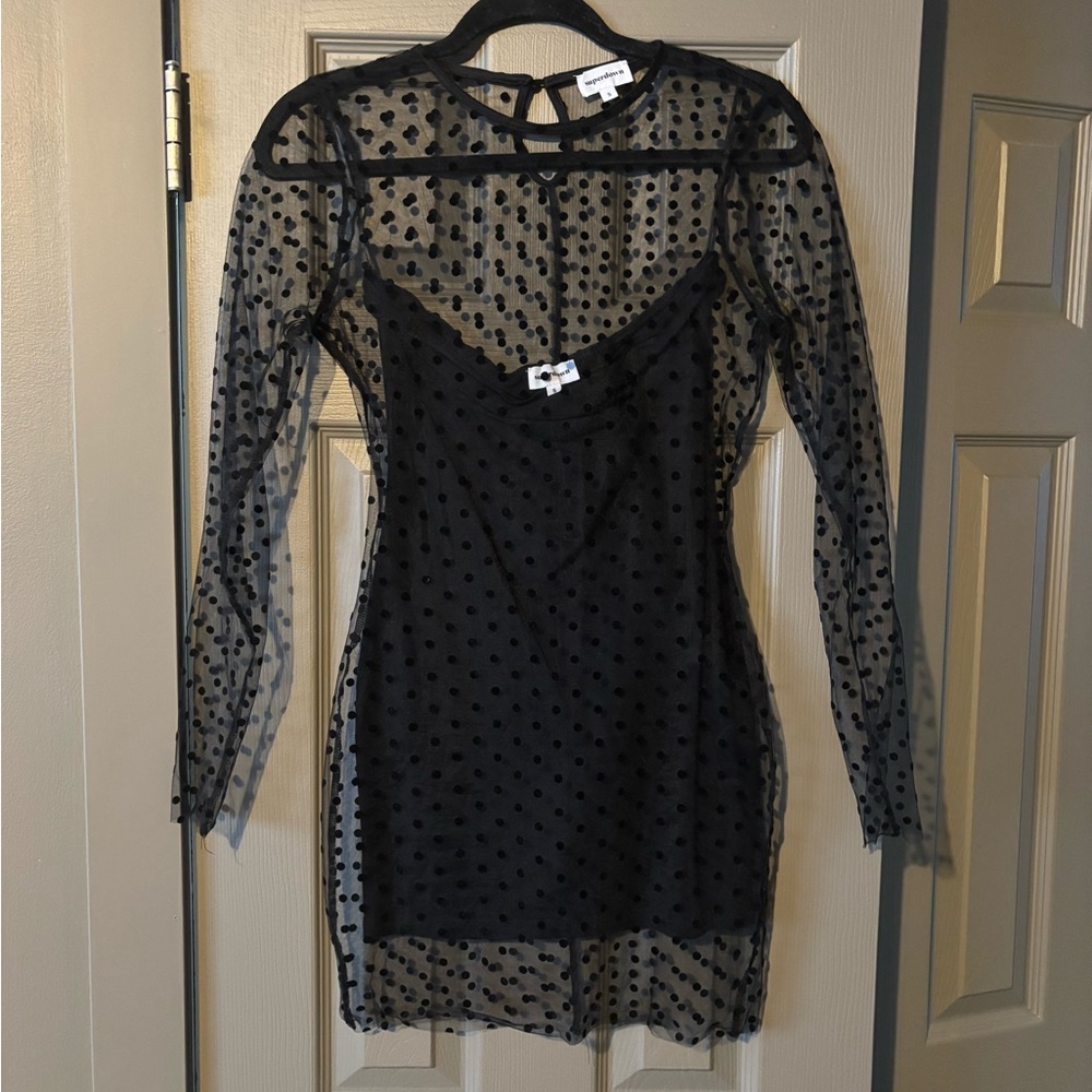 Superdown Black Sheer Polka Dot Dress